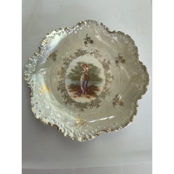 Antique Monbijou Bavarian Hand Painted Pastoral Maiden Opalescent Finish - Picture 1 of 9